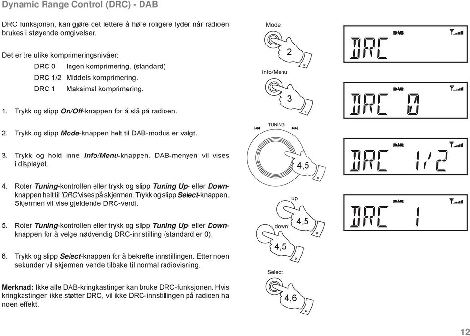 Trykk og slipp Mode-knappen helt til DAB-modus er valgt. 3. Trykk og hold inne Info/Menu-knappen. DAB-menyen vil vises i displayet. 4,5 4.