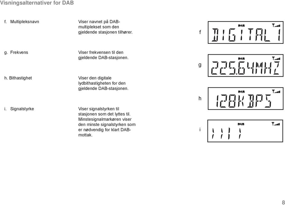 Frekvens Viser frekvensen til den gjeldende DAB-stasjonen. g h.