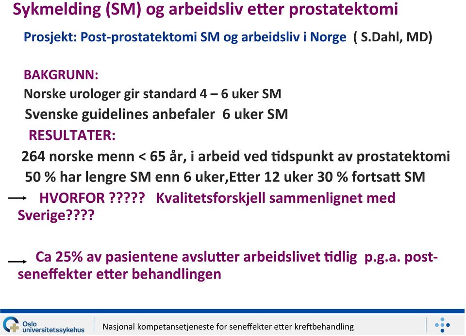 menn < 65 år, i arbeid ved Ndspunkt av prostatektomi 50 % har lengre SM enn 6 uker,eqer 12 uker 30 % fortsaq SM HVORFOR?