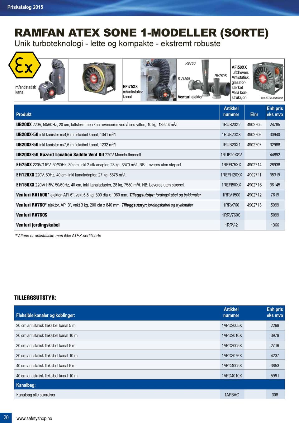 Ikke ATEX-sertifisert Artikkel enh pris Produkt nummer Elnr eks mva UB20XX 220V, 50/60Hz, 20 cm, luftstrømmen kan reverseres ved å snu viften, 10 kg, 1392,4 m 3 /t 1RUB20X2 4902705 24785 UB20XX-50