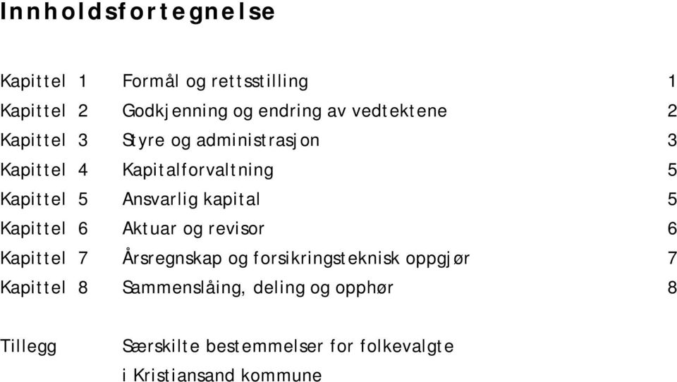 Ansvarlig kapital 5 Kapittel 6 Aktuar og revisor 6 Kapittel 7 Årsregnskap og forsikringsteknisk