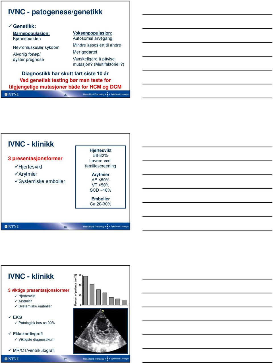 ) Diagnostikk har skutt fart siste 10 år Ved genetisk testing bør man teste for tilgjengelige mutasjoner både for HCM og DCM 25 IVNC - klinikk 3 presentasjonsformer Hjertesvikt