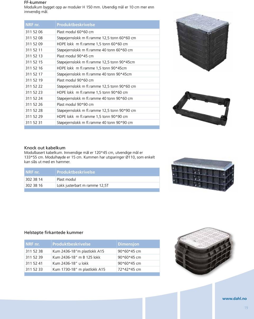 ramme 12,5 tonn 90*45cm 311 52 16 HDPE lokk m fl.ramme 1,5 tonn 90*45cm 311 52 17 Støpejernslokk m fl.ramme 40 tonn 90*45cm 311 52 19 Plast modul 90*60 cm 311 52 22 Støpejernslokk m fl.