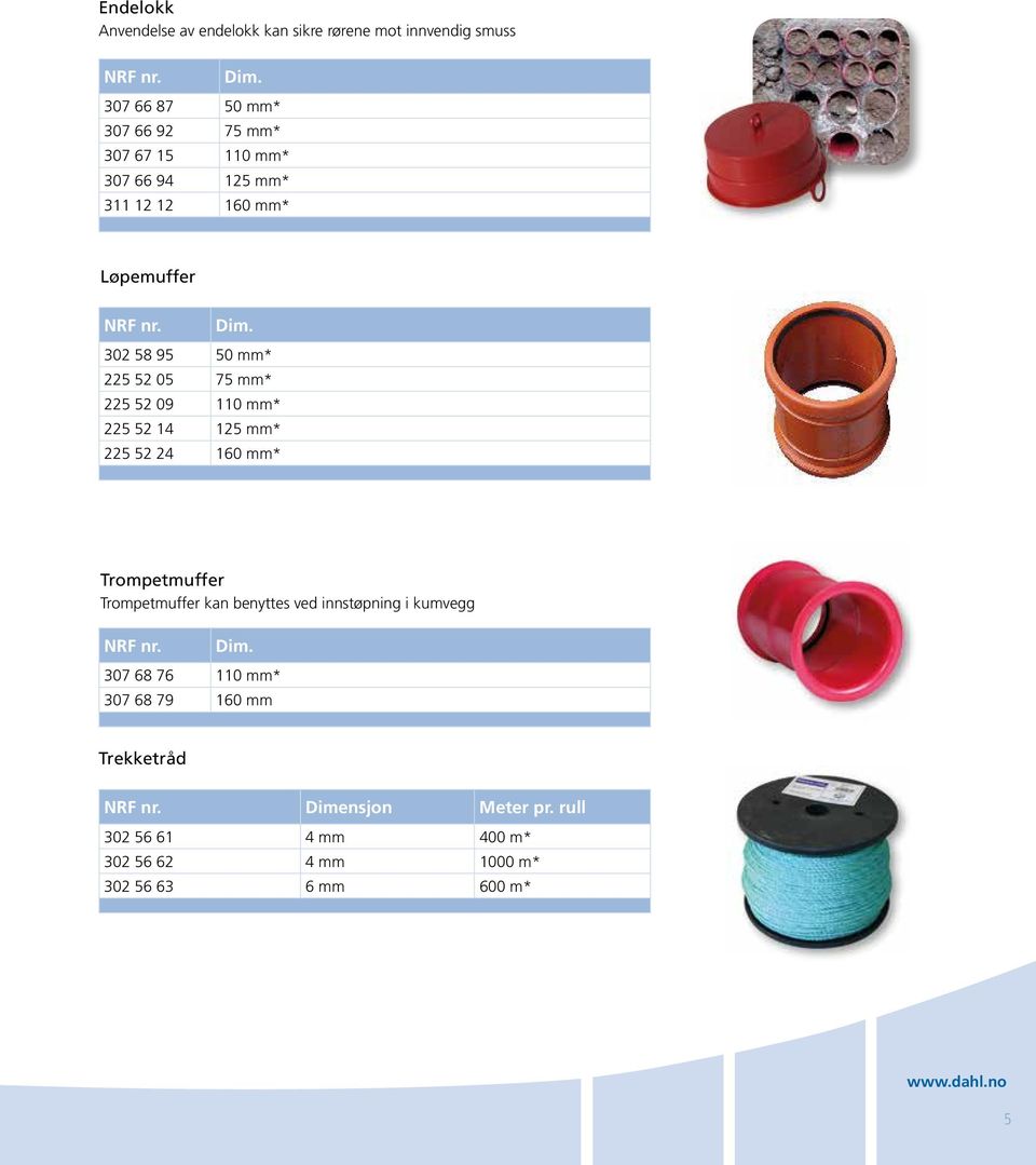 302 58 95 50 mm* 225 52 05 75 mm* 225 52 09 110 mm* 225 52 14 125 mm* 225 52 24 160 mm* Trompetmuffer Trompetmuffer kan