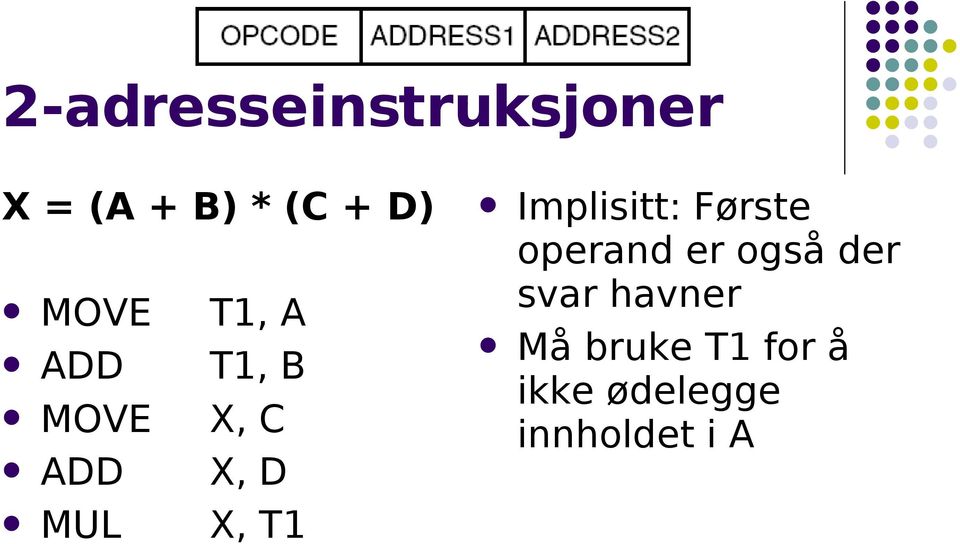 T1 Implisitt: Første operand er også der svar