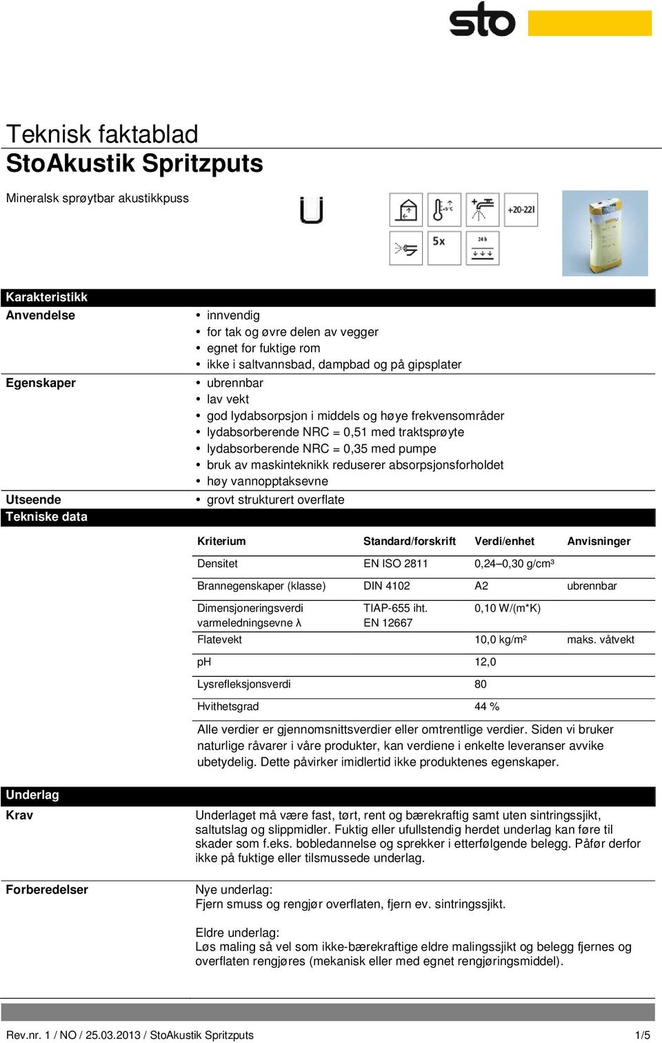 absorpsjonsforholdet høy vannopptaksevne grovt strukturert overflate Kriterium Standard/forskrift Verdi/enhet Anvisninger Densitet EN ISO 2811 0,24 0,30 g/cm³ Brannegenskaper (klasse) DIN 4102 A2