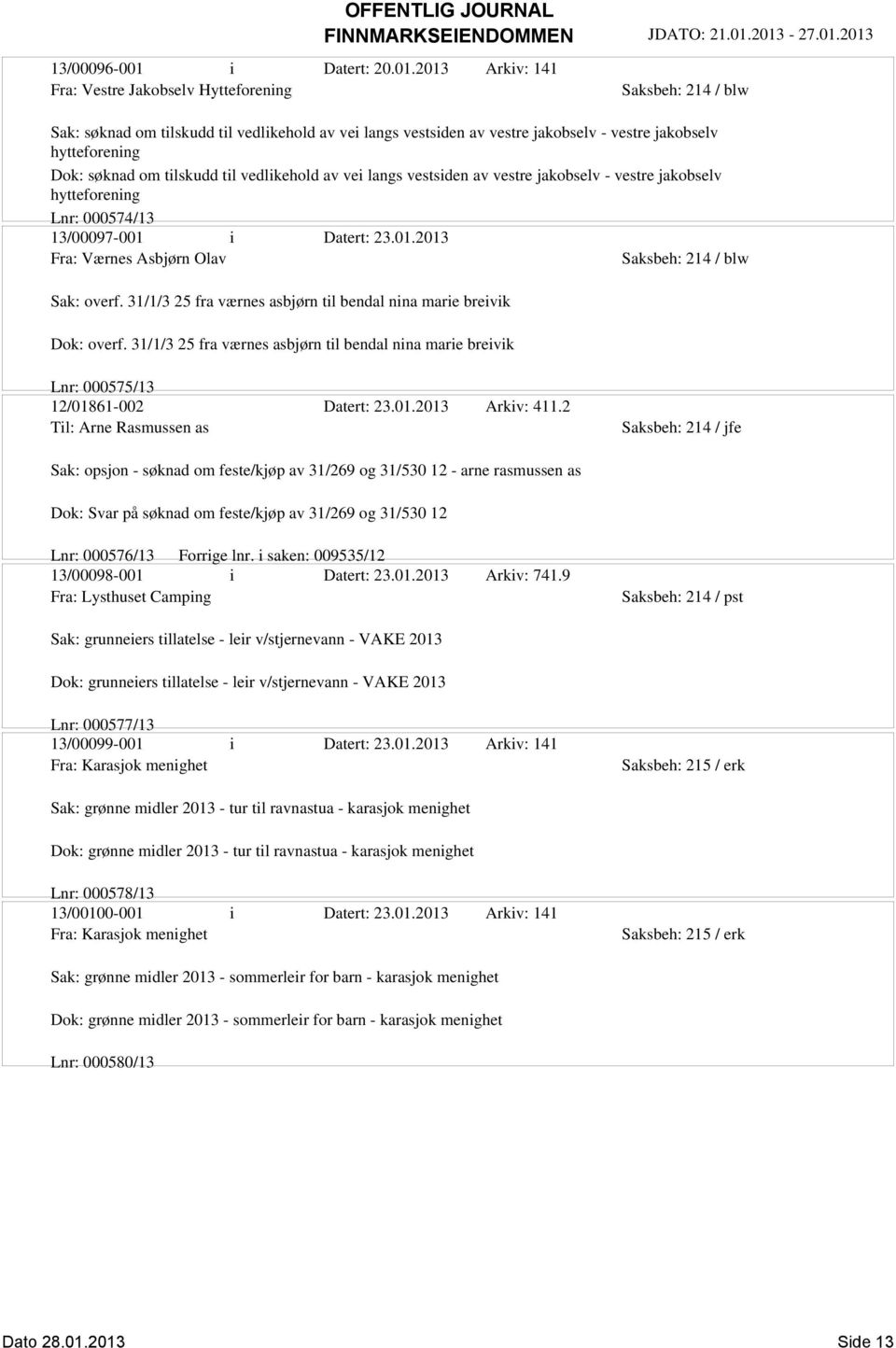 2013 Arkiv: 141 Fra: Vestre Jakobselv Hytteforening Saksbeh: 214 / blw Sak: søknad om tilskudd til vedlikehold av vei langs vestsiden av vestre jakobselv - vestre jakobselv hytteforening Dok: søknad