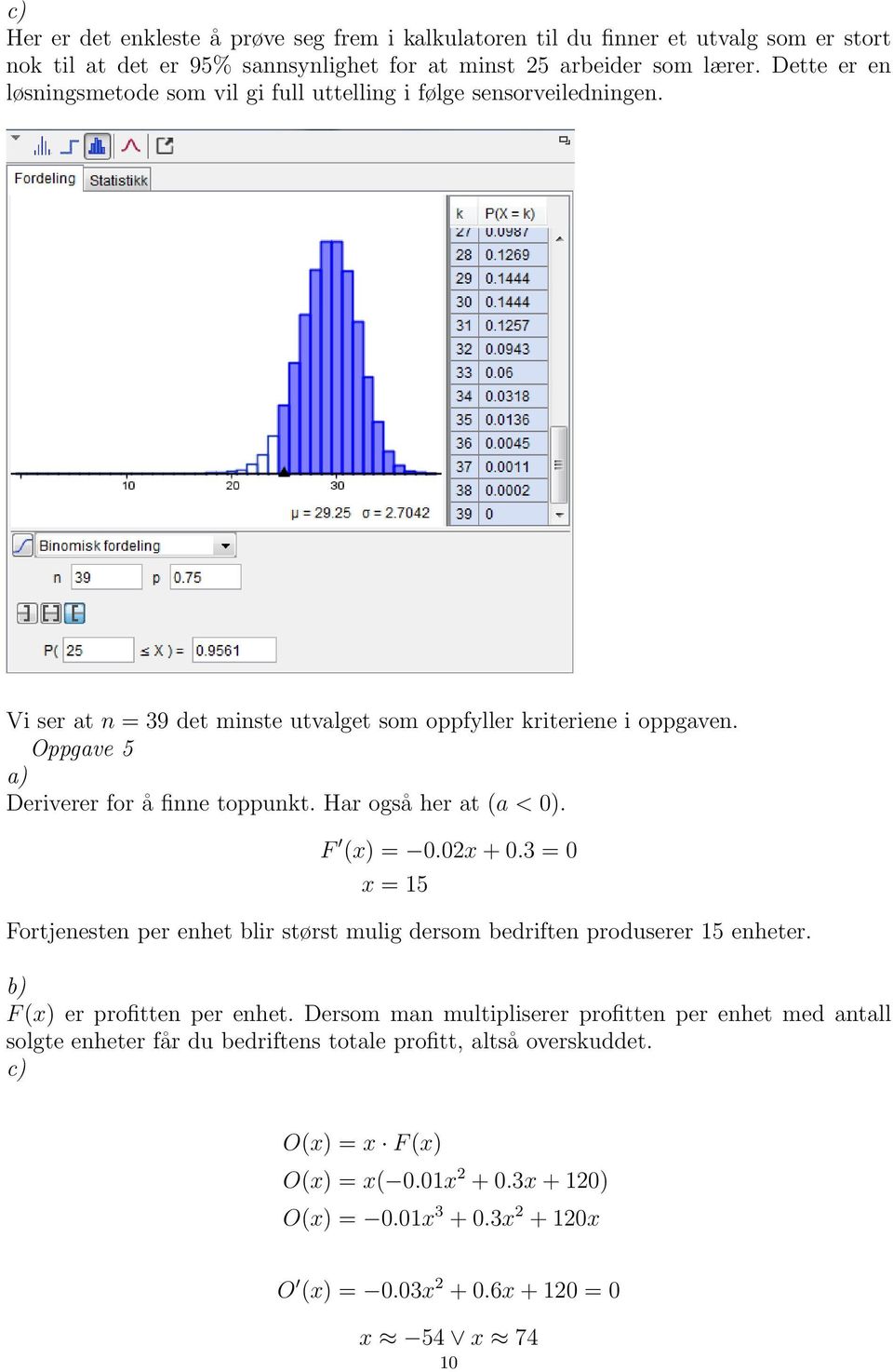 Oppgave 5 Deriverer for å finne toppunkt. Har også her at (a < 0). F (x) = 0.02x + 0.3 = 0 x = 15 Fortjenesten per enhet blir størst mulig dersom bedriften produserer 15 enheter.