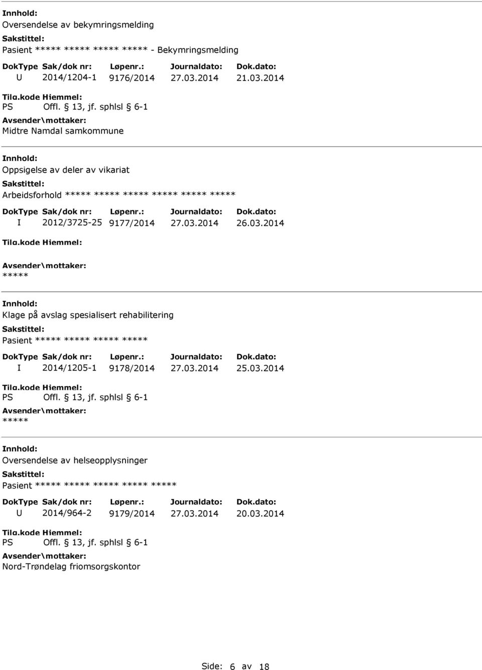 9177/2014 ***** Klage på avslag spesialisert rehabilitering 2014/1205-1 9178/2014 ***** Oversendelse av