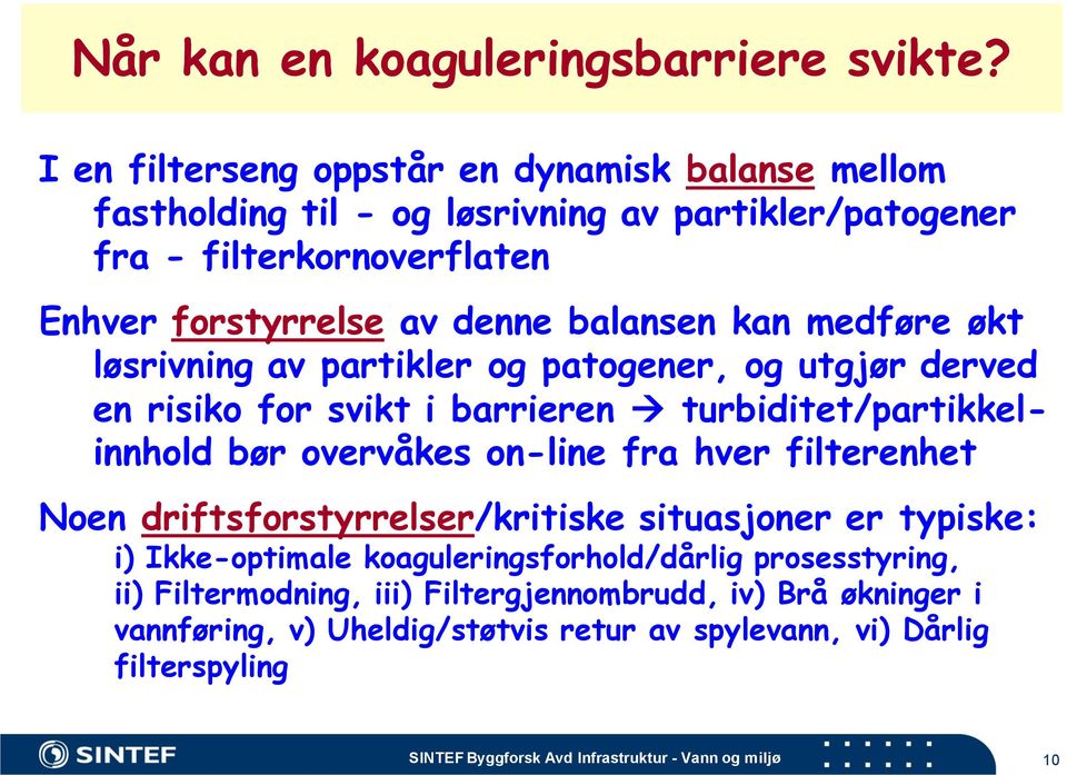 kan medføre økt løsrivning av partikler og patogener, og utgjør derved en risiko for svikt i barrieren turbiditet/partikkelinnhold bør overvåkes on-line fra hver filterenhet