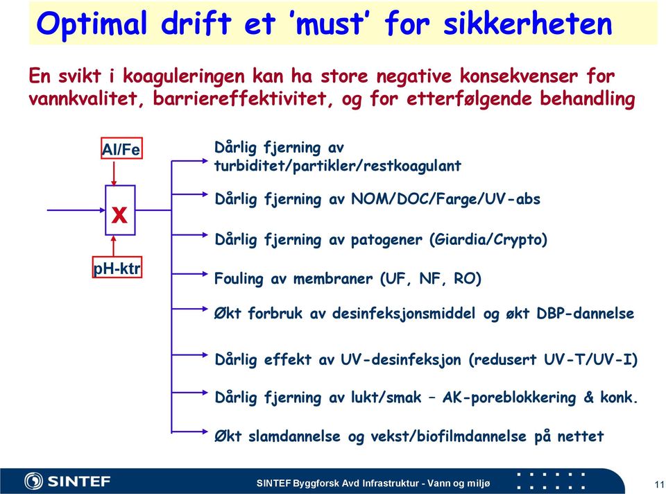 patogener (Giardia/Crypto) Fouling av membraner (UF, NF, RO) Økt forbruk av desinfeksjonsmiddel og økt DBP-dannelse Dårlig effekt av UV-desinfeksjon