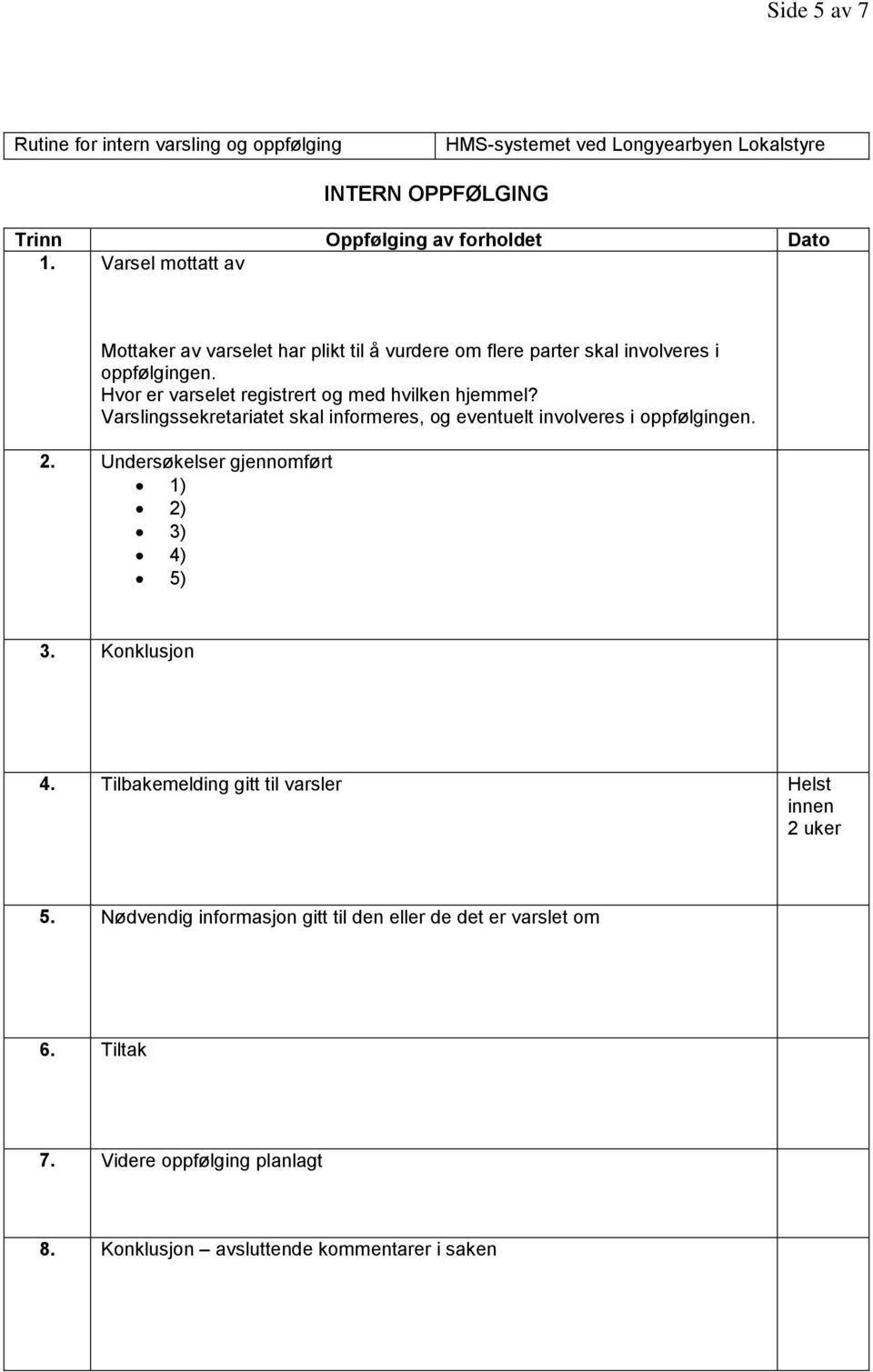 Varslingssekretariatet skal informeres, og eventuelt involveres i oppfølgingen. 2. Undersøkelser gjennomført 1) 2) 3) 4) 5) 3. Konklusjon 4.