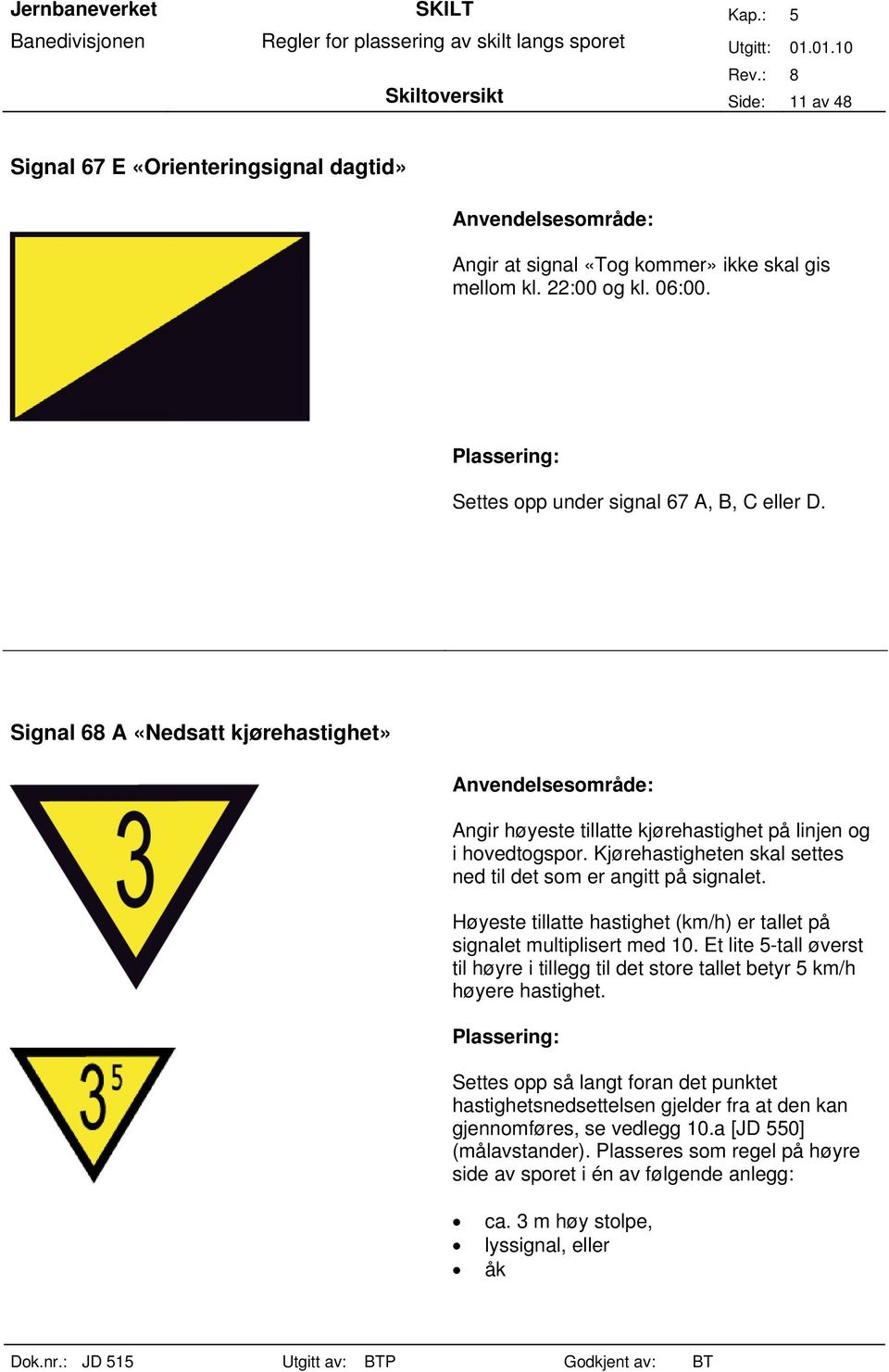 Høyeste tillatte hastighet (km/h) er tallet på signalet multiplisert med 10. Et lite 5-tall øverst til høyre i tillegg til det store tallet betyr 5 km/h høyere hastighet.