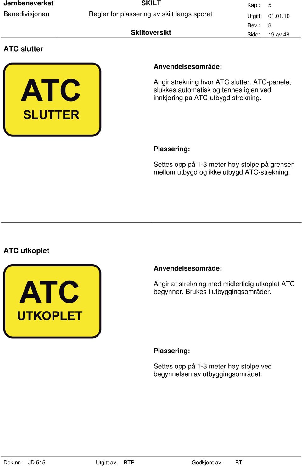 Settes opp på 1-3 meter høy stolpe på grensen mellom utbygd og ikke utbygd ATC-strekning.