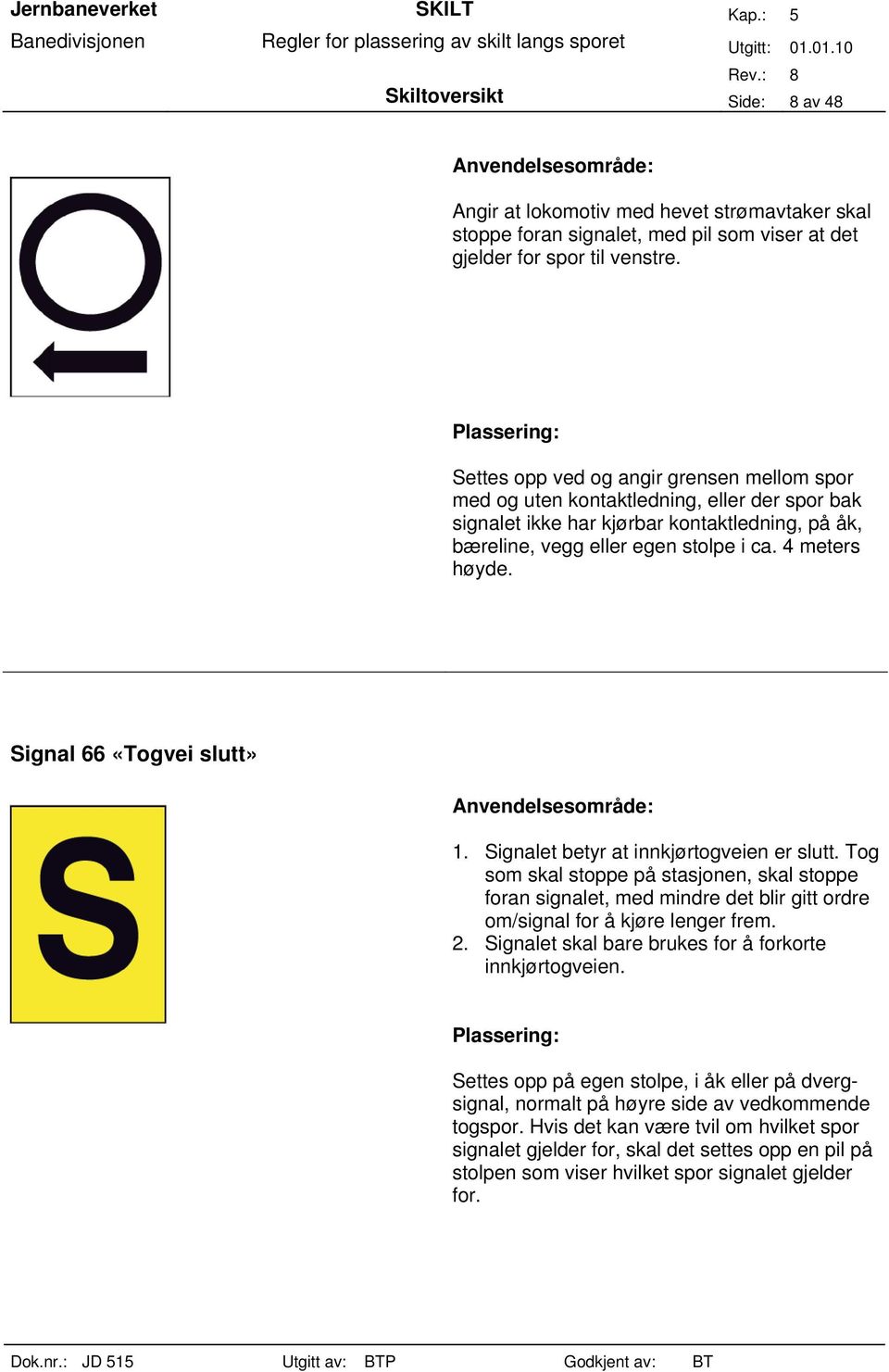 Signal 66 «Togvei slutt» 1. Signalet betyr at innkjørtogveien er slutt. Tog som skal stoppe på stasjonen, skal stoppe foran signalet, med mindre det blir gitt ordre om/signal for å kjøre lenger frem.