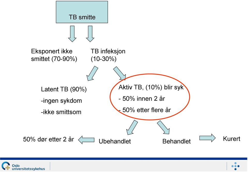 Aktiv TB, (10%) blir syk - 50% innen 2 år - 50% etter