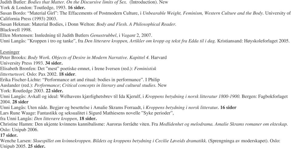 Susan Hekman: Material Bodies, i Donn Welton: Body and Flesh. A Philosophical Reader. Blackwell 1998. Ellen Mortensen: Innledning til Judith Butlers Genustrubbel, i Vagant 2, 2007.