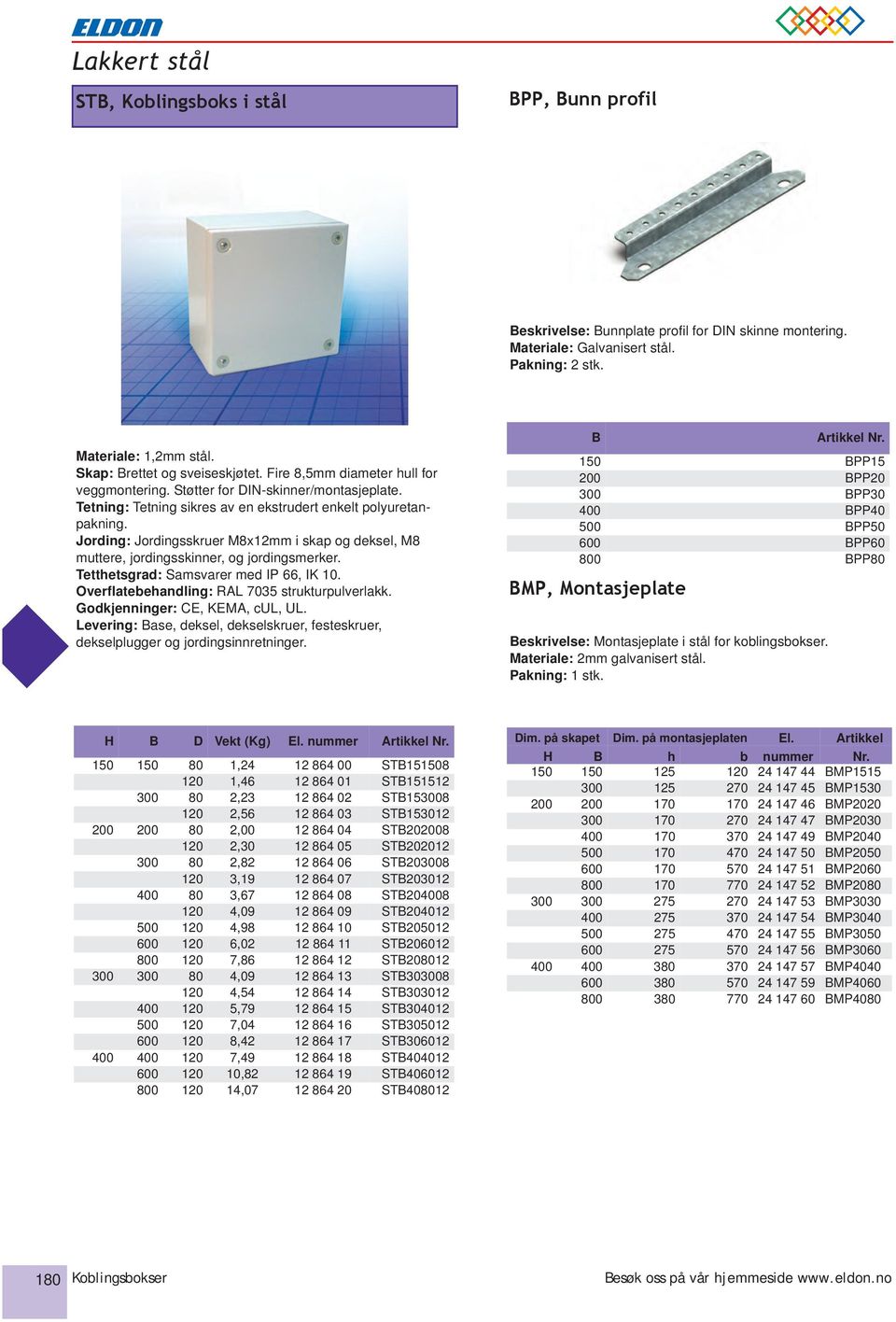 Jording: Jordingsskruer M8x12mm i skap og deksel, M8 muttere, jordingsskinner, og jordingsmerker. Tetthetsgrad: Samsvarer med IP 66, IK 10. Overflatebehandling: RAL 7035 strukturpulverlakk.