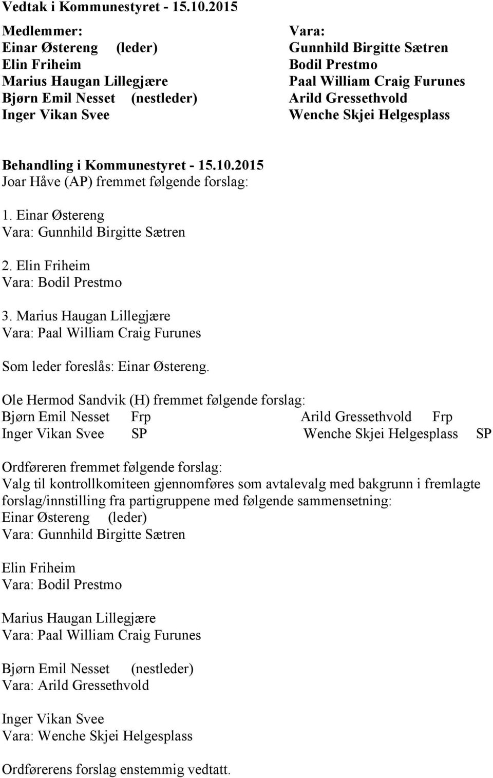Arild Gressethvold Wenche Skjei Helgesplass Behandling i Kommunestyret - 15.10.2015 Joar Håve (AP) fremmet følgende forslag: 1. Einar Østereng Vara: Gunnhild Birgitte Sætren 2.