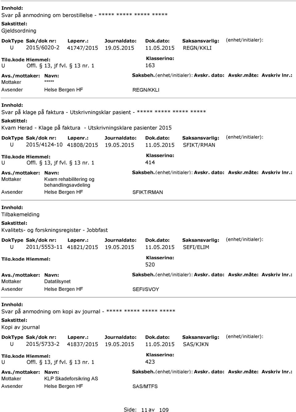 2015 SFKT/RMAN 414 Avs./mottaker: Navn: Saksbeh. Avskr. dato: Avskr.måte: Avskriv lnr.