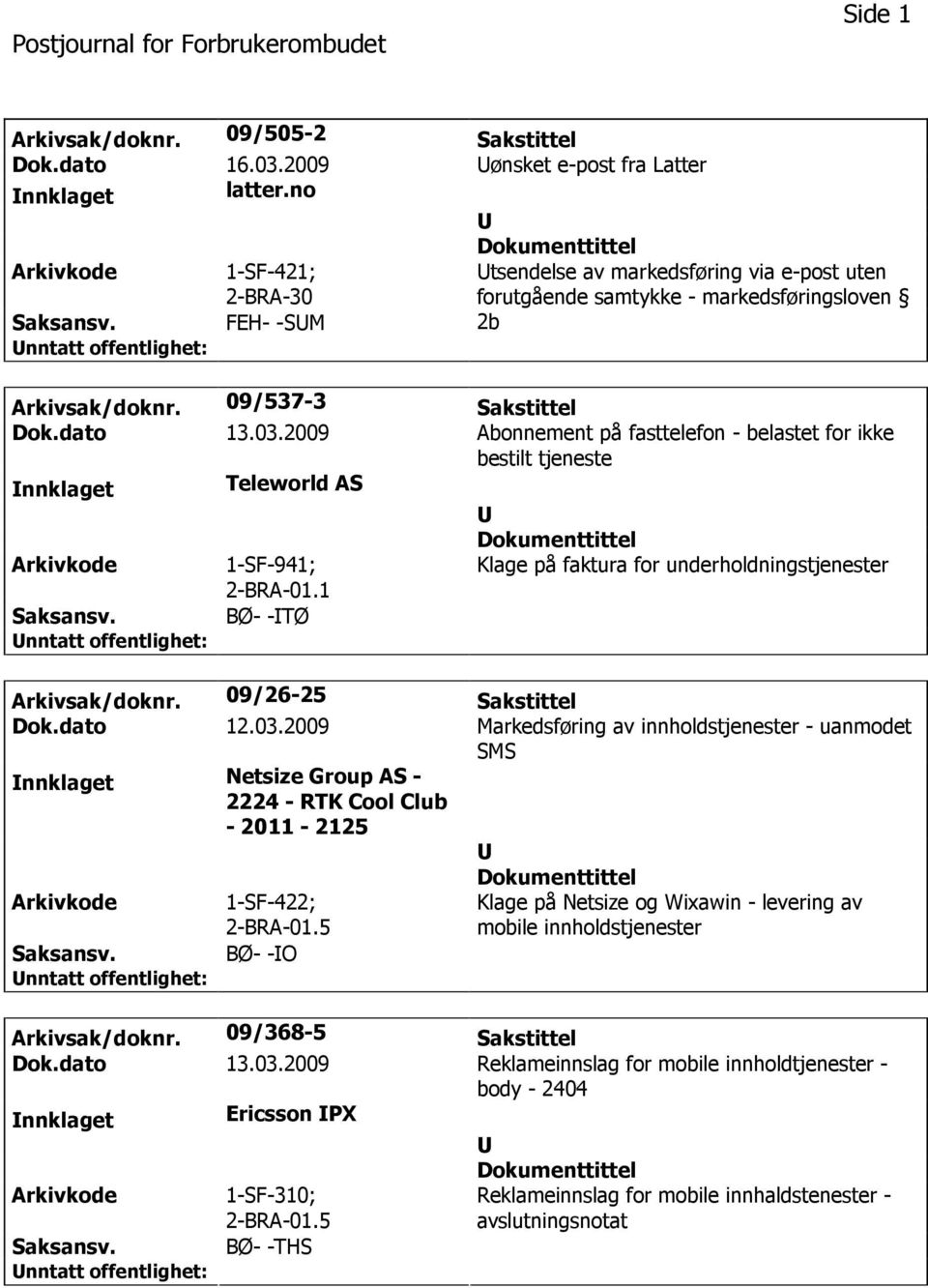 2009 Abonnement på fasttelefon - belastet for ikke bestilt tjeneste nnklaget Teleworld AS 1-SF-941; 2-BRA-01.1 Klage på faktura for underholdningstjenester BØ- -TØ Arkivsak/doknr.