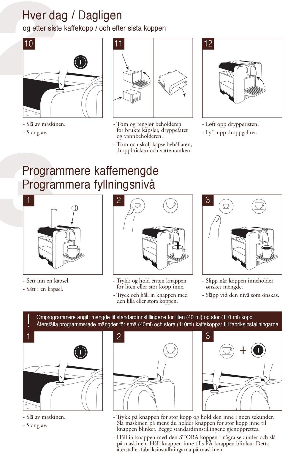 - Sätt i en kapsel.! 1 - Trykk og hold enten knappen for liten eller stor kopp inne. - Tryck och håll in knappen med den lilla eller stora koppen. 2 - Slipp når koppen inneholder ønsket mengde.