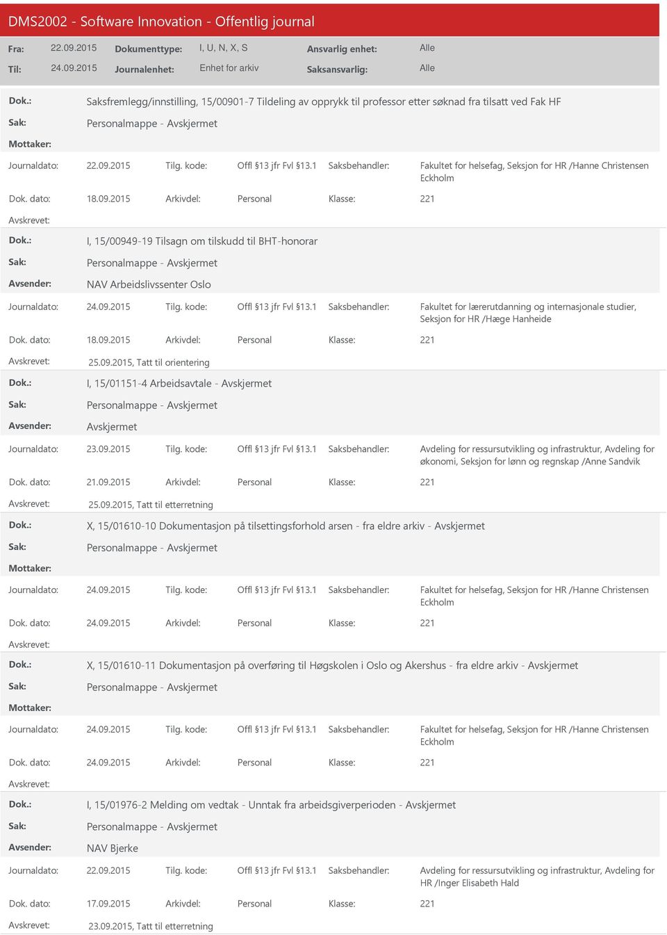 2015 Personal I, 15/00949-19 Tilsagn om tilskudd til BHT-honorar Personalmappe - NAV Arbeidslivssenter Oslo Seksjon for HR /Hæge Hanheide 18.09.2015 Personal 25.09.2015, Tatt til orientering I, 15/01151-4 Arbeidsavtale - Personalmappe - økonomi, Seksjon for lønn og regnskap /Anne Sandvik 21.