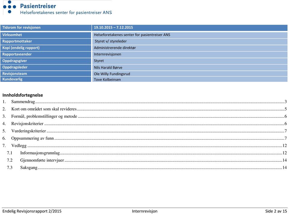 Internrevisjonen Oppdragsgiver Styret Oppdragsleder Nils Harald Børve Revisjonsteam Ole Willy Fundingsrud Kundevarlig Tove Kolbeinsen Innholdsfortegnelse 1. Sammendrag... 3 2.