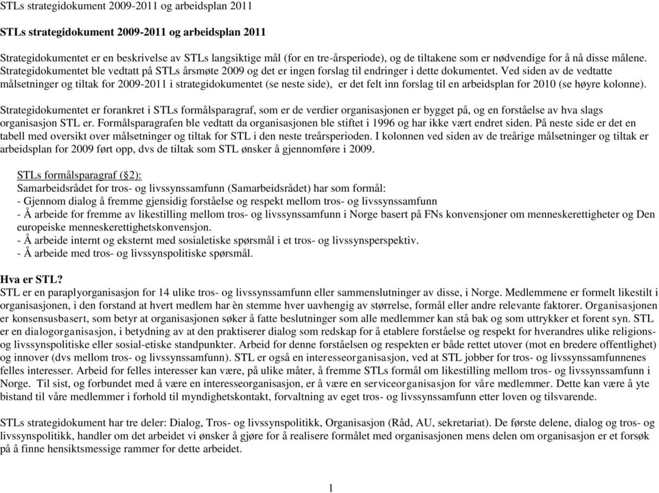 Ved siden av de vedtatte målsetninger og tiltak for 2009-2011 i strategidokumentet (se neste side), er det felt inn forslag til en arbeidsplan for 2010 (se høyre kolonne).