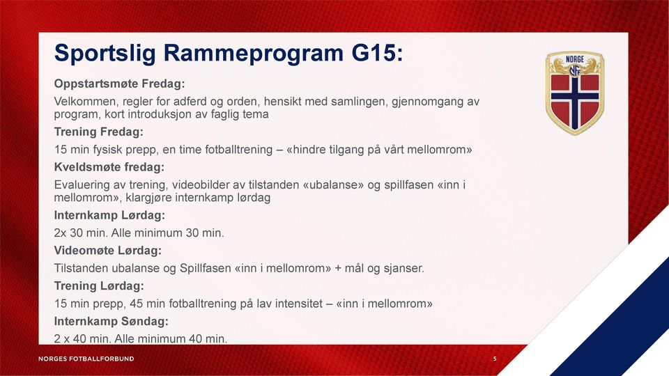 «ubalanse» og spillfasen «inn i mellomrom», klargjøre internkamp lørdag Internkamp Lørdag: 2x 30 min. Alle minimum 30 min.