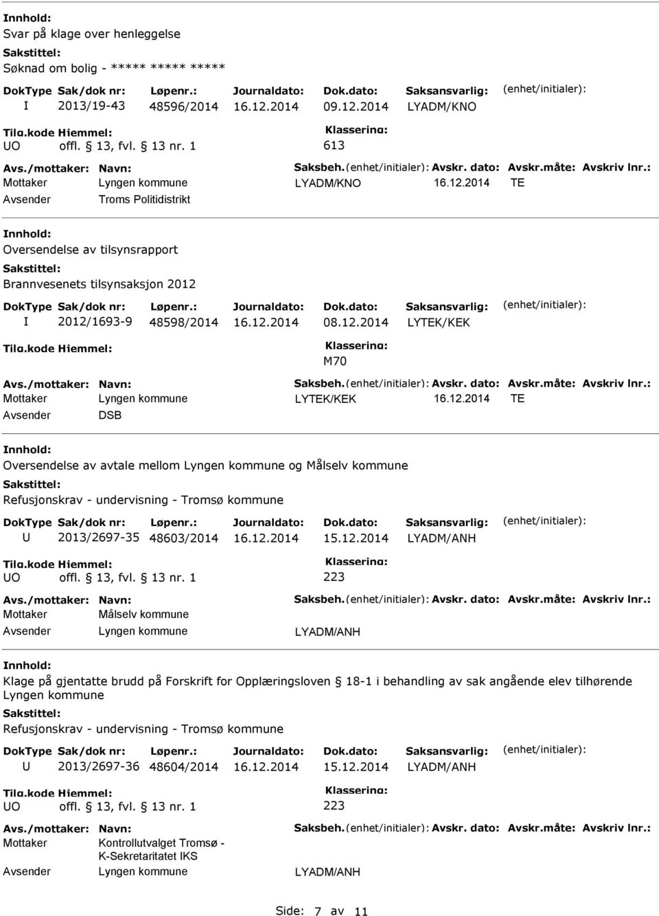 måte: Avskriv lnr.: LYTEK/KEK TE DSB Oversendelse av avtale mellom og Målselv kommune Refusjonskrav - undervisning - Tromsø kommune 2013/2697-35 48603/2014 LYADM/ANH O 223 Avs.