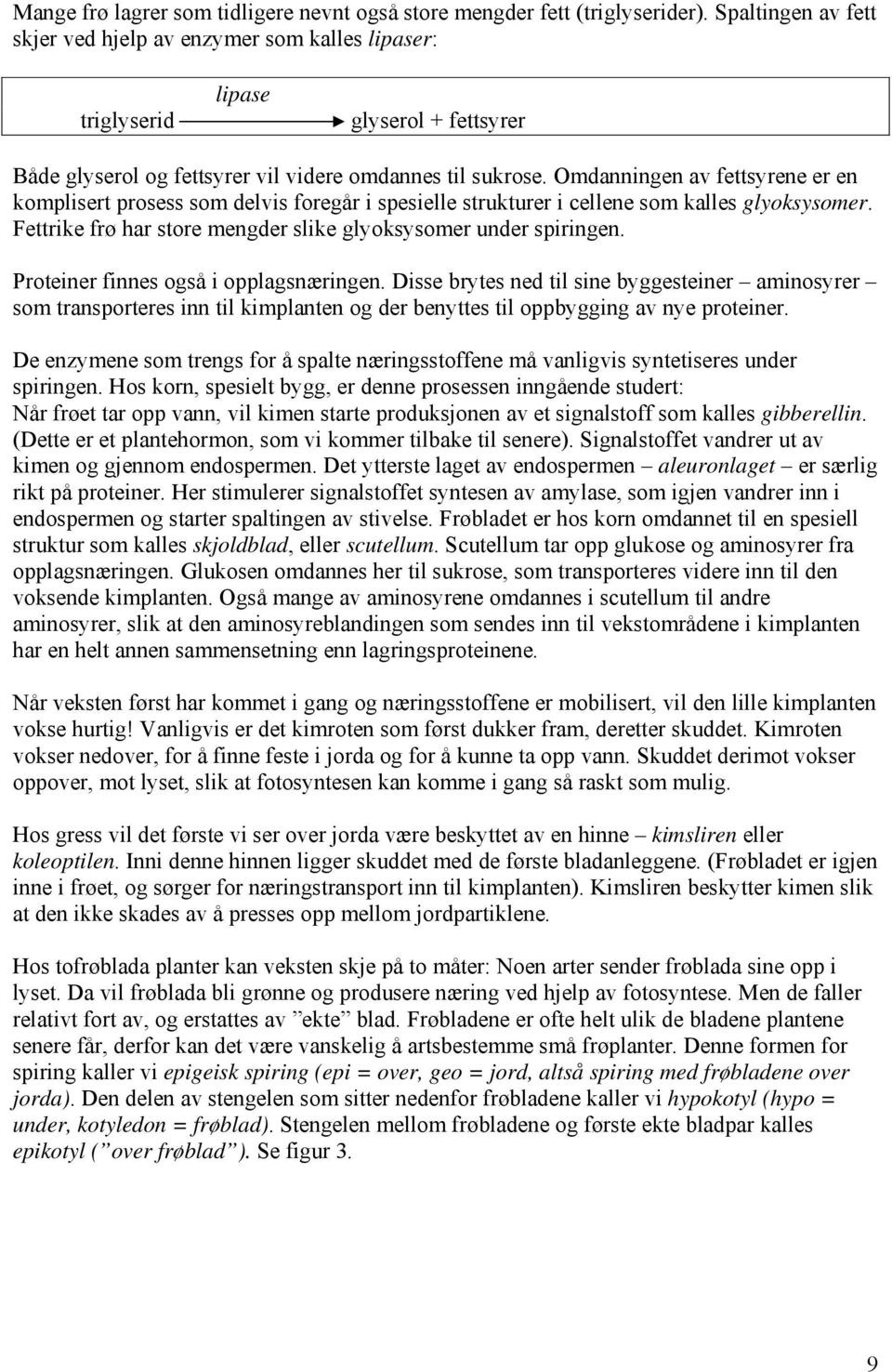 Omdanningen av fettsyrene er en komplisert prosess som delvis foregår i spesielle strukturer i cellene som kalles glyoksysomer. Fettrike frø har store mengder slike glyoksysomer under spiringen.