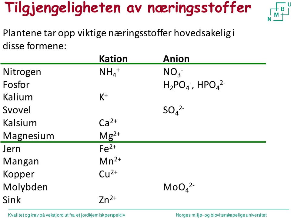 + 4 NO 3 Fosfor H 2 PO 4, HPO 2 4 Kalium K + Svovel SO 2 4 Kalsium Ca