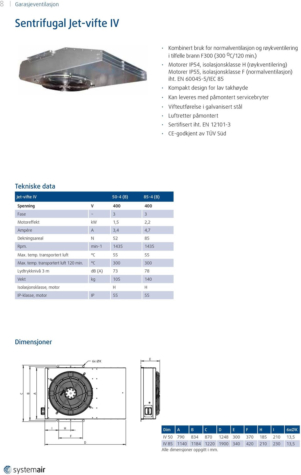 EN 60045-5/IEC 85 Kompakt design for lav takhøyde Kan leveres med påmontert servicebryter Vifteutførelse i galvanisert stål Luftretter påmontert Sertifisert iht.