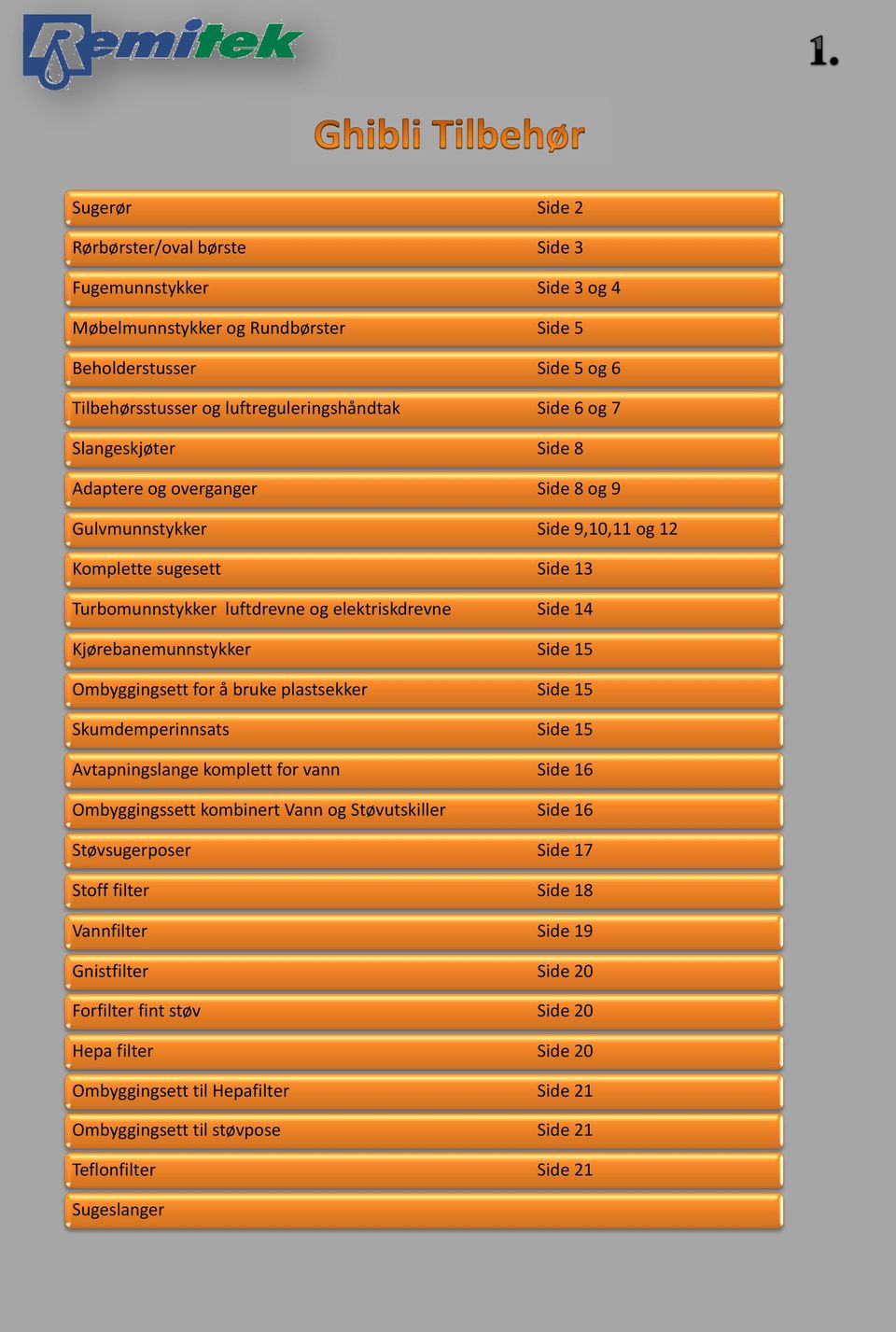 15 Ombyggingsett for å bruke plastsekker Side 15 Skumdemperinnsats Side 15 Avtapningslange komplett for vann Side 16 Ombyggingssett kombinert Vann og Støvutskiller Side 16 Støvsugerposer Side 17