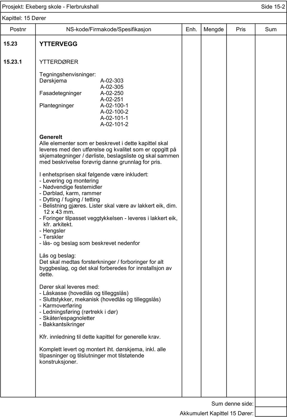 1 YTTERDØRER Tegningshenvisninger: Dørskjema Fasadetegninger Plantegninger A-02-303 A-02-305 A-02-250 A-02-251 A-02-100-1 A-02-100-2 A-02-101-1 A-02-101-2 Generelt Alle elementer som er beskrevet i