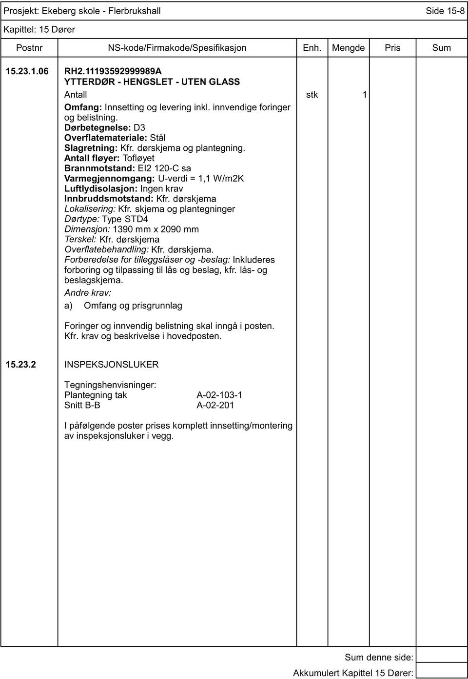 dørskjema Dørtype: Type STD4 Dimensjon: 1390 mm x 2090 mm Terskel: Kfr. dørskjema Overflatebehandling: Kfr. dørskjema. Forberedelse for tilleggslåser og -beslag: Inkluderes forboring og tilpassing til lås og beslag, kfr.