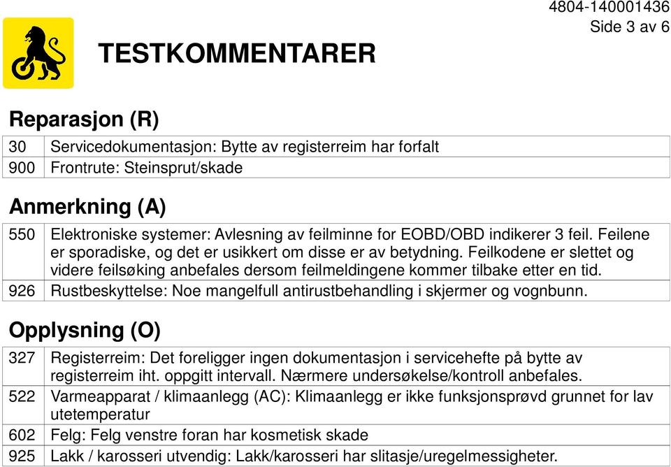 Feilkodene er slettet og videre feilsøking anbefales dersom feilmeldingene kommer tilbake etter en tid. Rustbeskyttelse: Noe mangelfull antirustbehandling i skjermer og vognbunn.