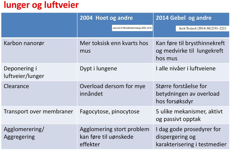 forståelse for betydningen av overload hos forsøksdyr Transport over membraner Fagocytose, pinocytose 5 ulike mekanismer, aktivt og passivt opptak