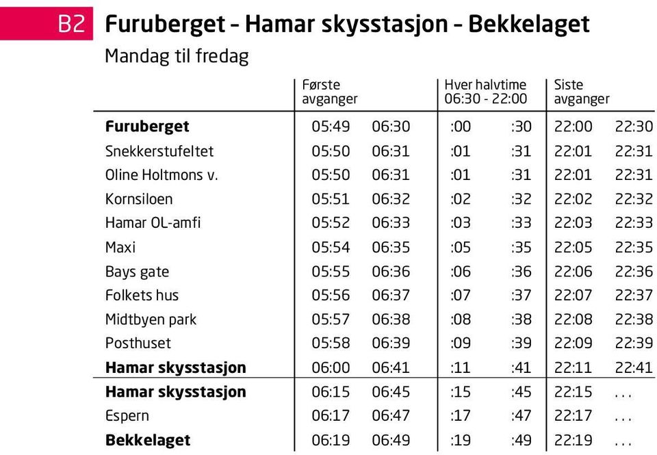 05:50 06:31 :01 :31 22:01 22:31 Kornsiloen 05:51 06:32 :02 :32 22:02 22:32 Hamar OL-amfi 05:52 06:33 :03 :33 22:03 22:33 Maxi 05:54 06:35 :05 :35 22:05 22:35 Bays gate 05:55 06:36 :06 :36