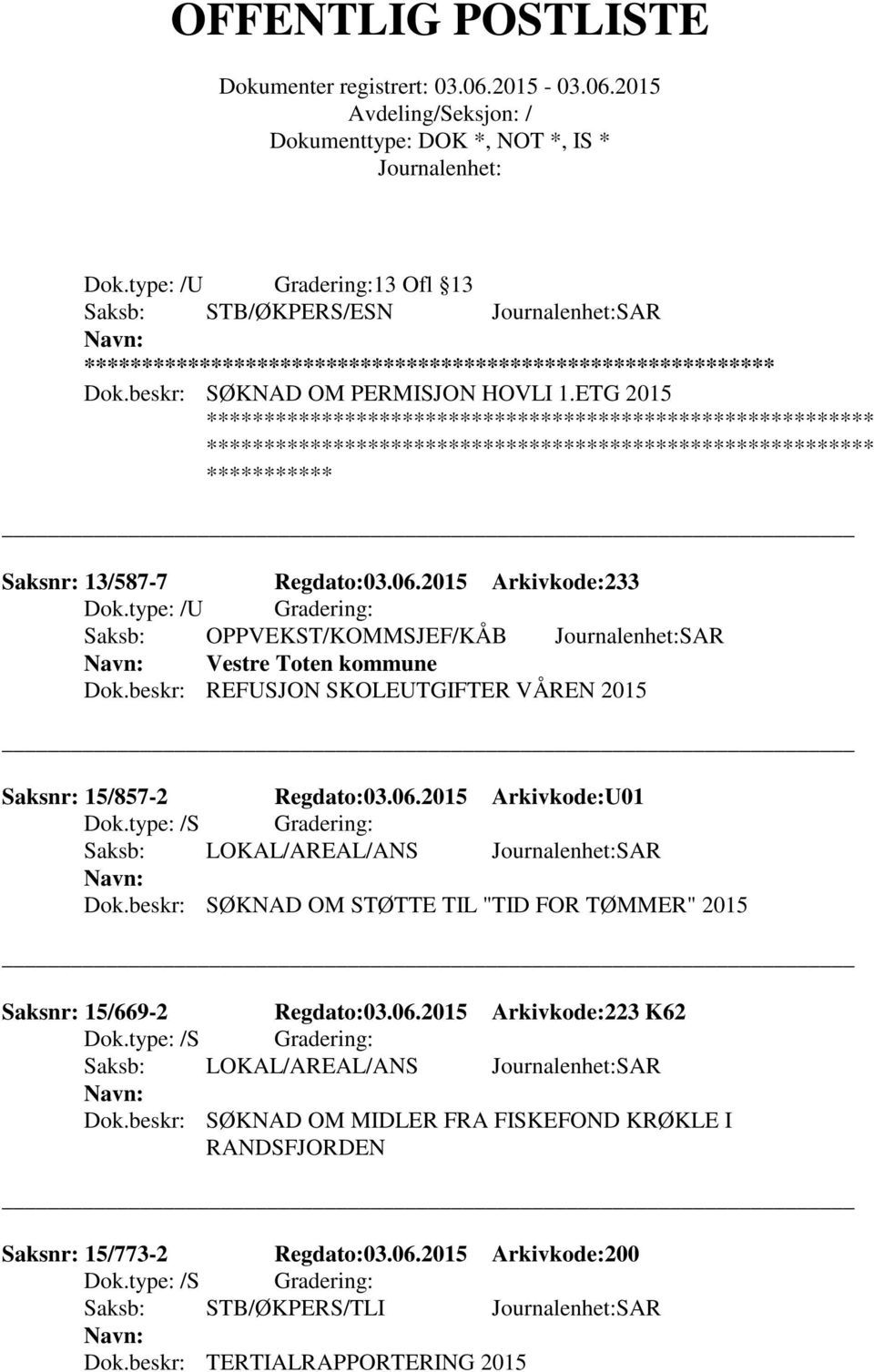 2015 Arkivkode:U01 Saksb: LOKAL/AREAL/ANS SAR Dok.beskr: SØKNAD OM STØTTE TIL "TID FOR TØMMER" 2015 Saksnr: 15/669-2 Regdato:03.06.