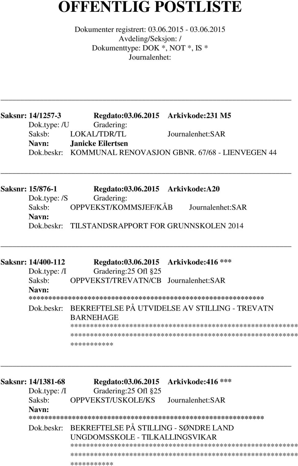 beskr: TILSTANDSRAPPORT FOR GRUNNSKOLEN 2014 Saksnr: 14/400-112 Regdato:03.06.2015 Arkivkode:416 *** 25 Ofl 25 Saksb: OPPVEKST/TREVATN/CB SAR ** Dok.