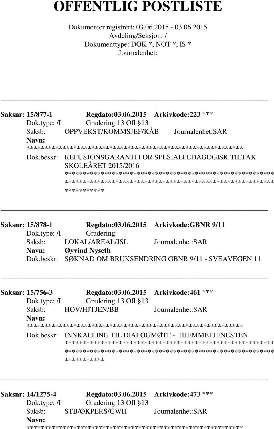 2015 Arkivkode:GBNR 9/11 Saksb: LOKAL/AREAL/JSL SAR Øyvind Nyseth Dok.