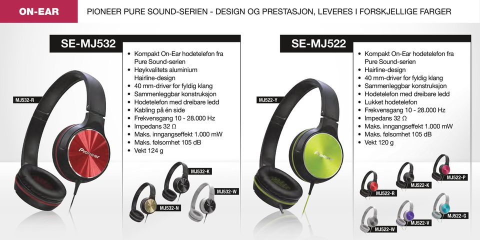 følsomhet 105 db Vekt 124 g MJ522-Y SE-MJ522 Kompakt On-Ear hodetelefon fra Pure Sound-serien Hairline-design 40 mm-driver for fyldig klang Sammenleggbar konstruksjon Hodetelefon med