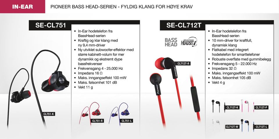 følsomhet 101 db Vekt 11 g SE-CL712T CL712T-R In-Ear hodetelefon fra BassHead-serien 10 mm-driver for kraftfull, dynamisk klang Flatkabel med integrert