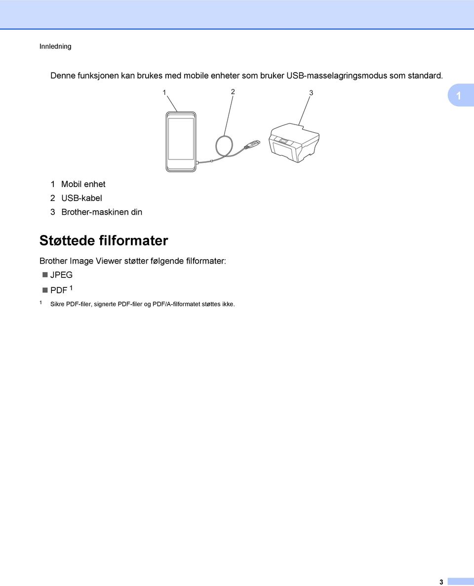 1 3 1 1 Mobil enhet USB-kabel 3 Brother-maskinen din Støttede filformater