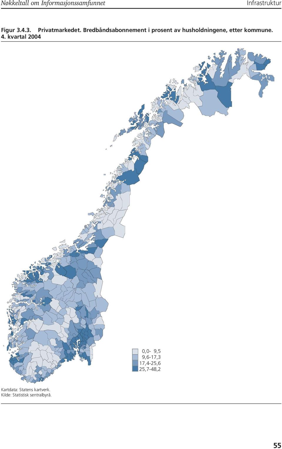 Bredbåndsabonnement i prosent av husholdningene, etter kommune.