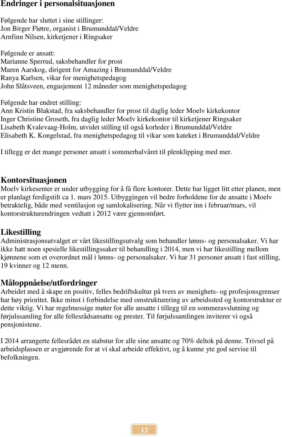 endret stilling: Ann Kristin Blakstad, fra saksbehandler for prost til daglig leder Moelv kirkekontor Inger Christine Groseth, fra daglig leder Moelv kirkekontor til kirketjener Ringsaker Lisabeth