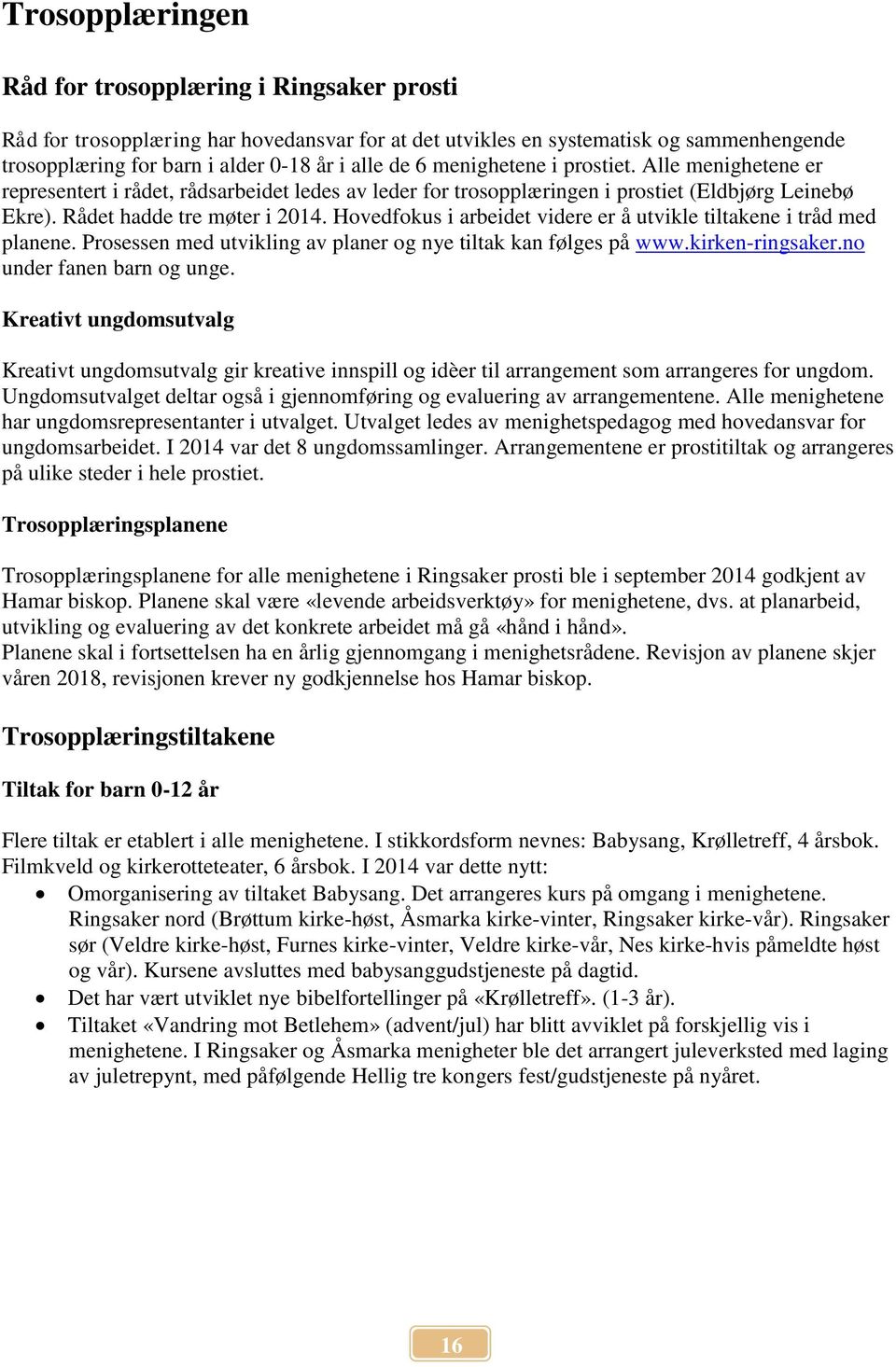 Hovedfokus i arbeidet videre er å utvikle tiltakene i tråd med planene. Prosessen med utvikling av planer og nye tiltak kan følges på www.kirken-ringsaker.no under fanen barn og unge.