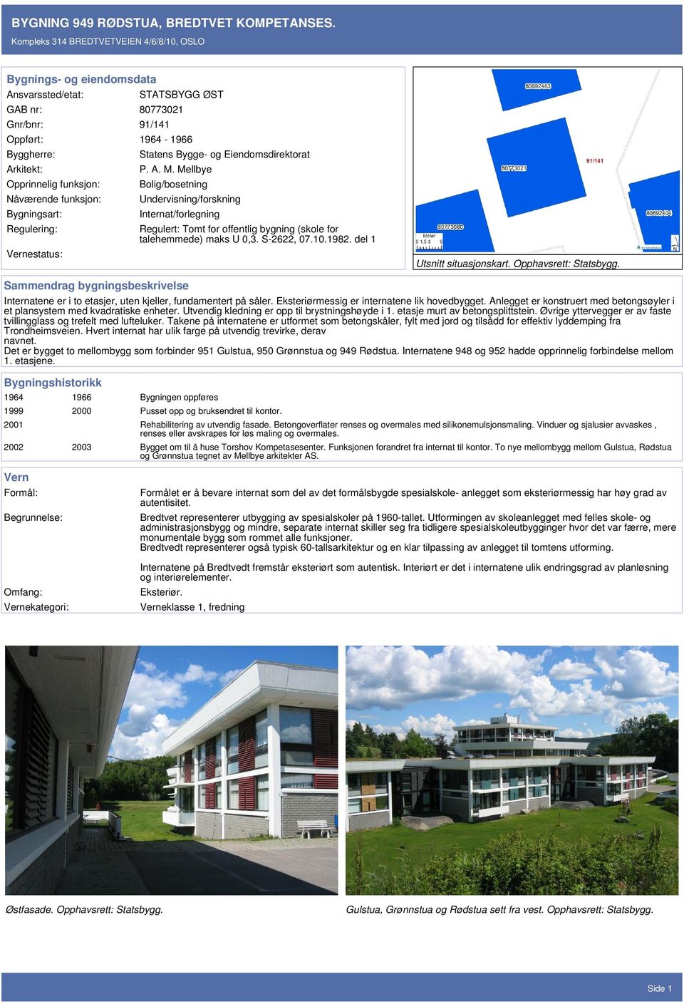 Bygge- og Eiendomsdirektorat P. A. M. Mellbye Bolig/bosetning Undervisning/forskning Internat/forlegning Regulert: Tomt for offentlig bygning (skole for talehemmede) maks U 0,3. S-2622, 07.10.1982.